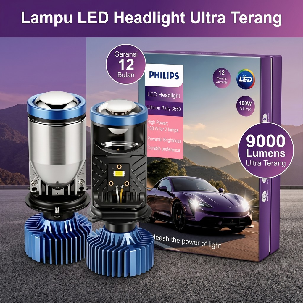 Philips Lampu LED Y7 H4 100W Ultra Terang 9000LM Stabil Semua Mobil Motor