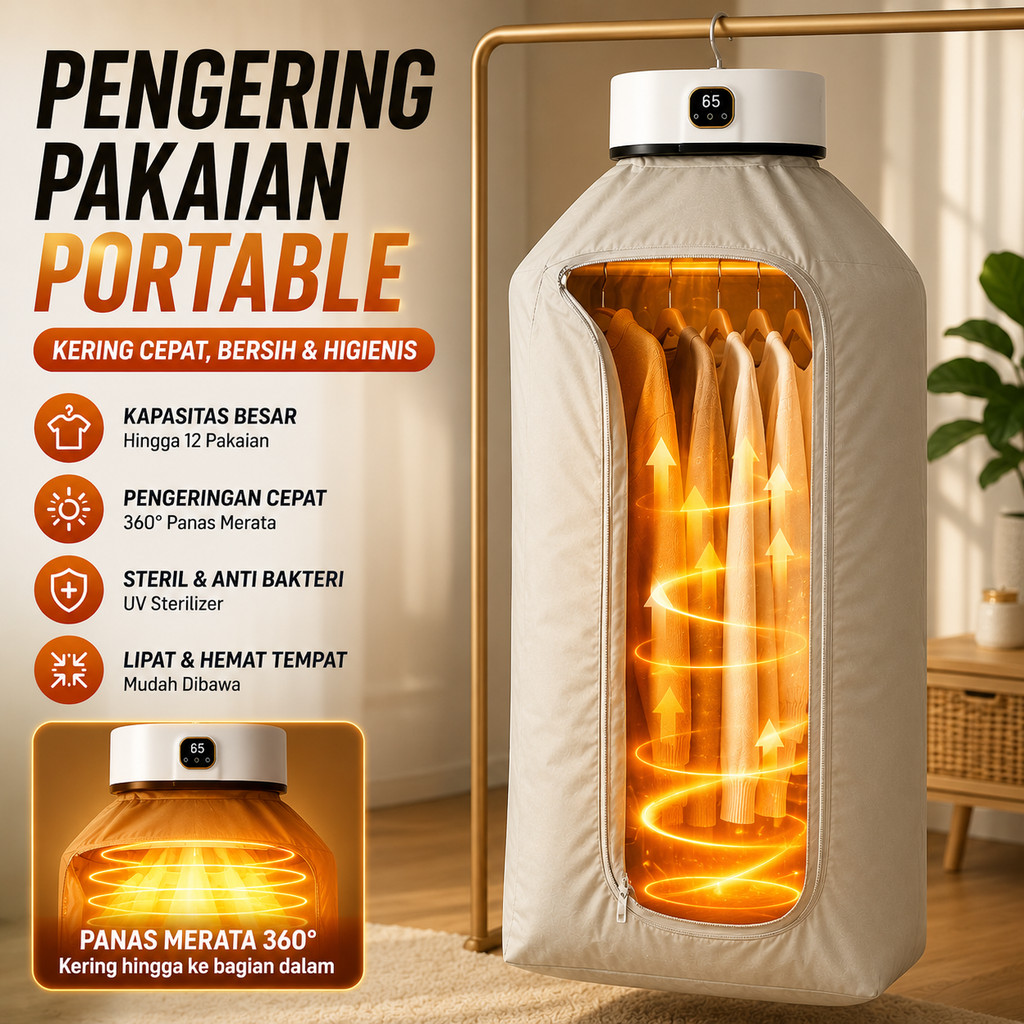 Mesin Pengering Pakaian Portable Gantung Smart Dryer 600W Kapasitas 12 Baju UV Sterilizer Travel Lip