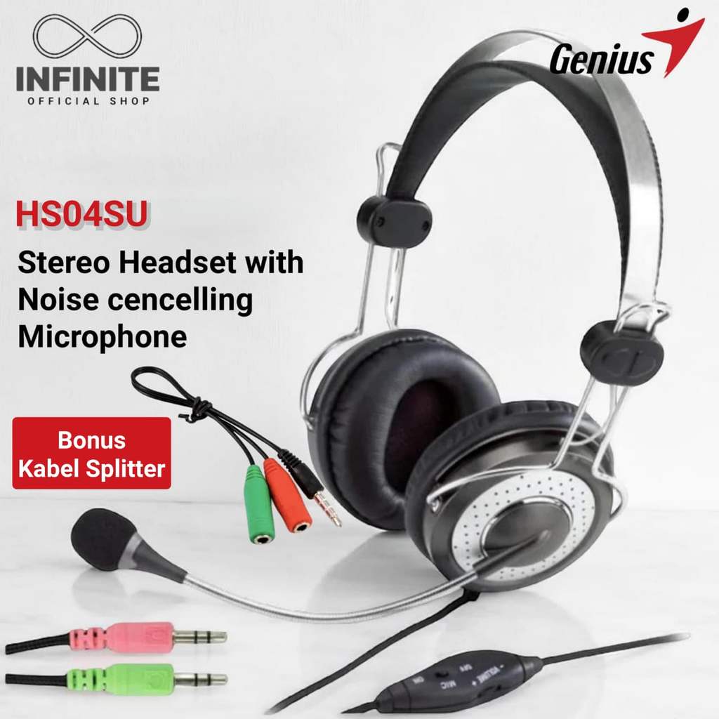 Headset Headphone Gaming Mic GENIUS HS04SU Kabel Jack 3,5mm Microphone Stereo Bass
