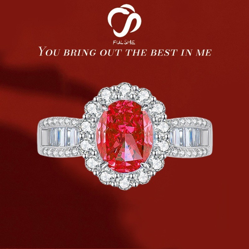 FULSHE Cincin Wanita Lapisan Emas Putih Kristal Merah Mewah Berlian Penuh Au750