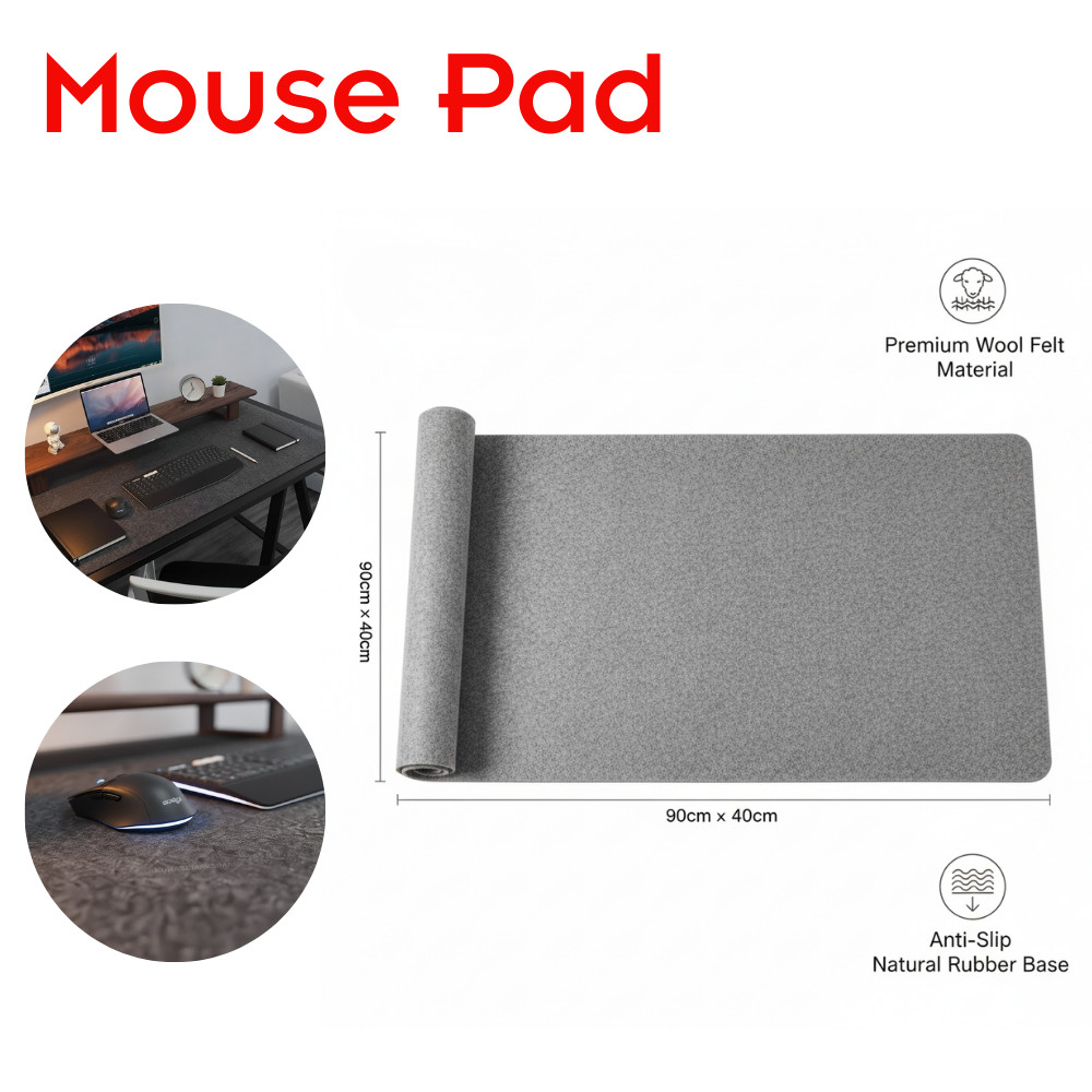 Mouse Pad Polos XL Anti Slip Felt Desk Mat 800x400x3mm 900x400x3mm 1000x500x3mm Mairuige