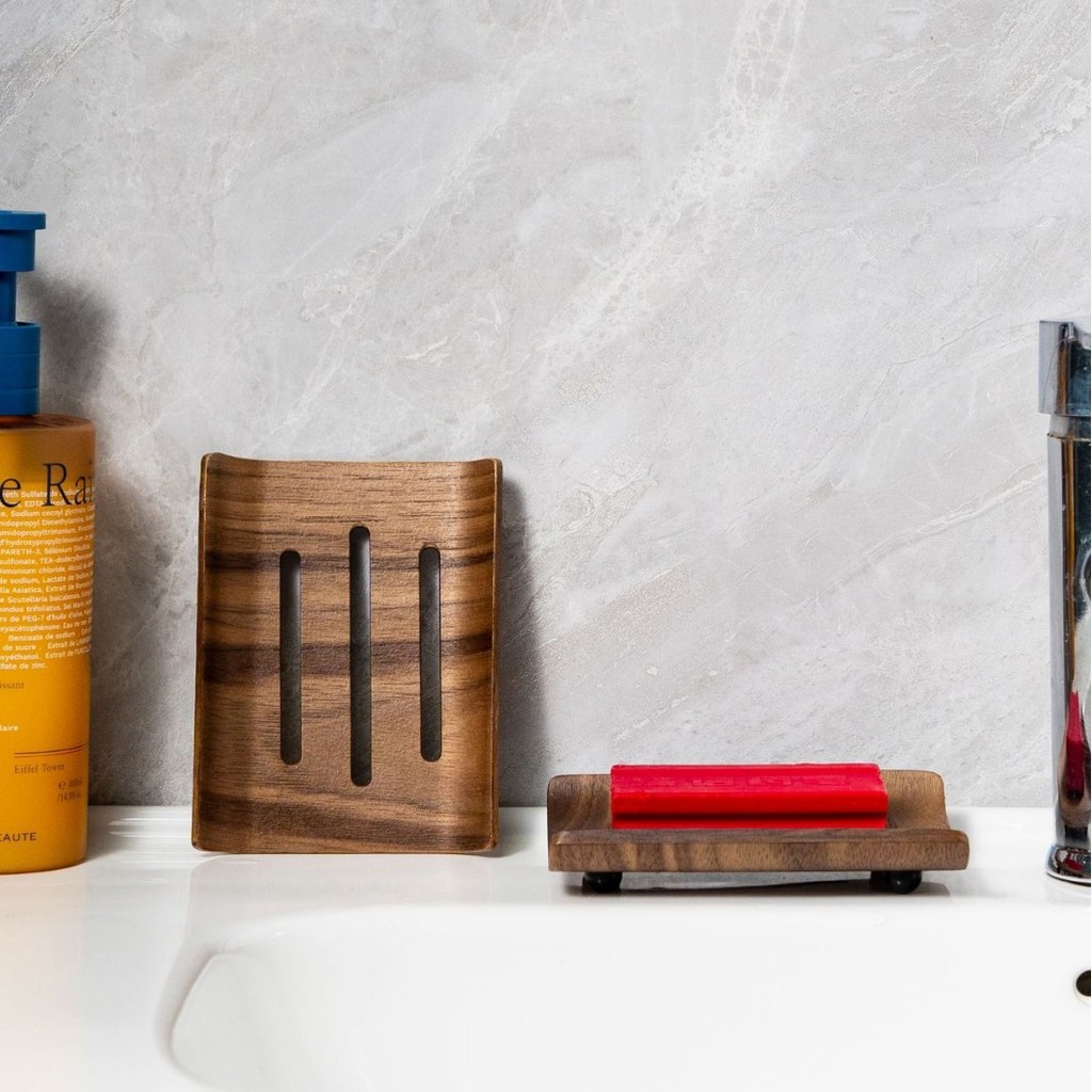 Minimalist Scannavian Wooden Soap Tray SingleTier Walnut Soap Holder with Drain for Bathroom Sink