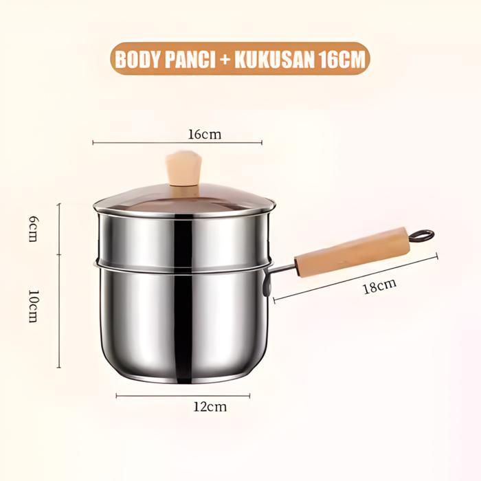 PROMO  [ES x Suanvinzlie] Panci Susu Panci Mie Panci Sup Stainless Steel Dengan Kukusan Ukuran 16cm 