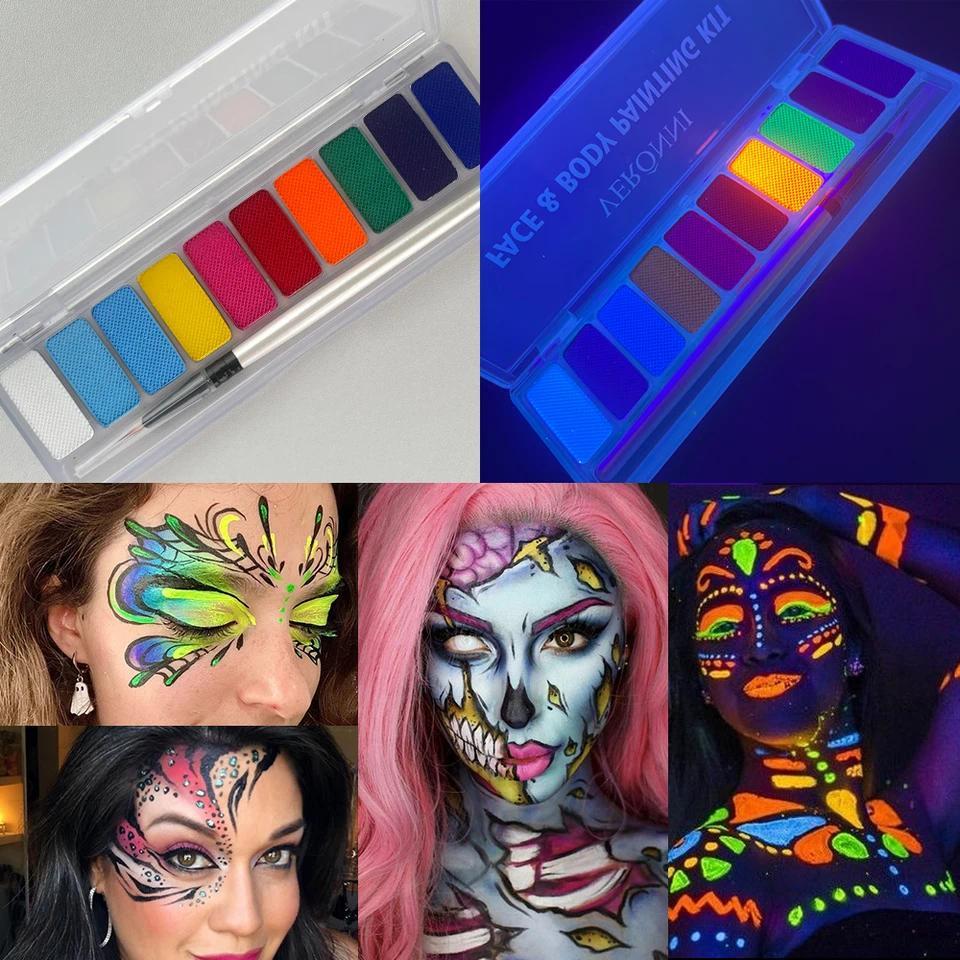 10 Warna Cat Minyak Neon Fluorescent Bersinar untuk Wajah dan Tubuh, Lukisan Minyak Uv Glow, Pesta H