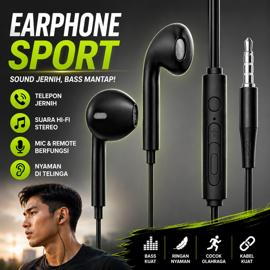 Earphone Kabel Sport HiFi Stereo Headset 3.5mm with Mic Handsfree Musik Telepon Jernih In-Ear Bass E