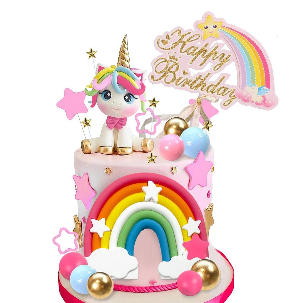 Unicorn Cake Topper Rainbow Cake Decorations with Stars Unicorn Balls Happy Birthday Cake Decoration