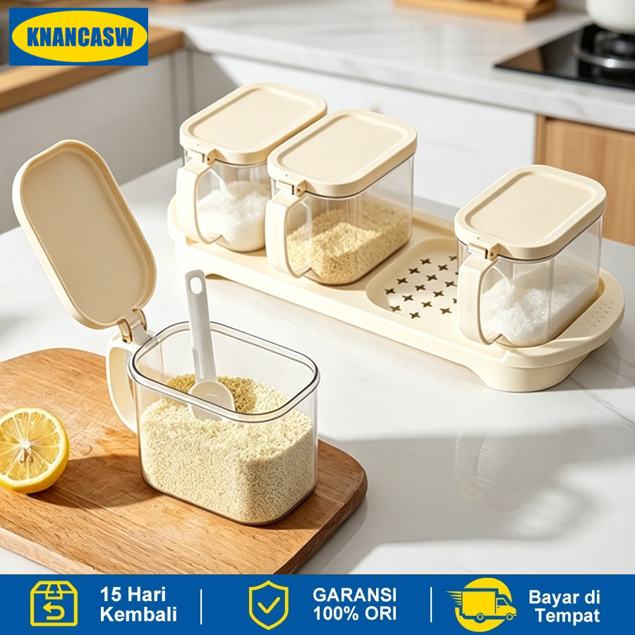 Tempat Bumbu Dapur set 4 in 1 Free Sendok Aesthetic Wadah Toples Bumbu Dapur 4 Sekat Tempat Kotak Pe