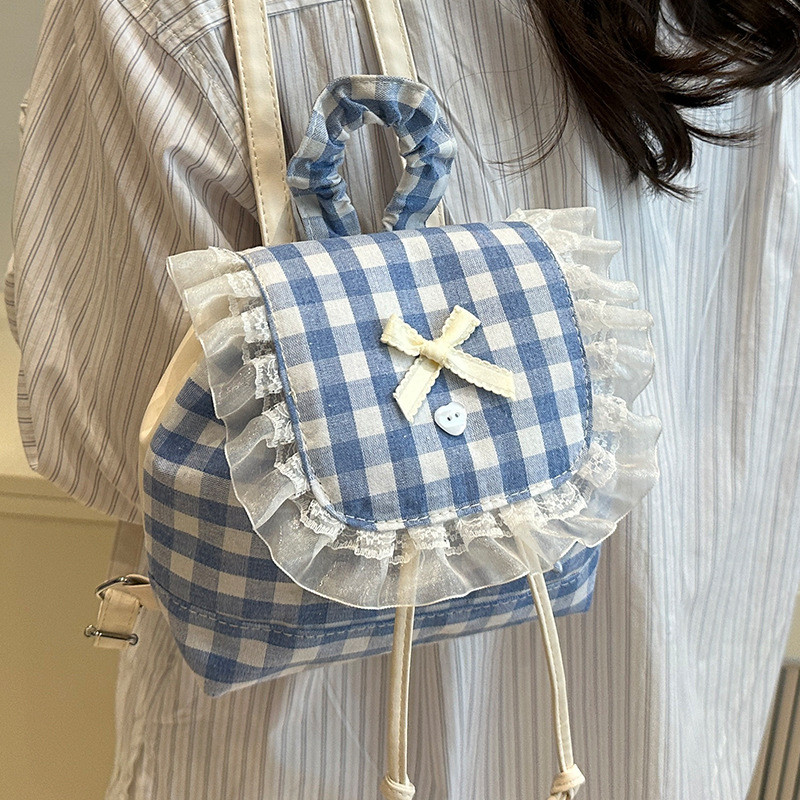 Tas Wanita Renda Manis Mini Ransel Kotak-Kotak Gaya Korea Tas Bahu Ganda