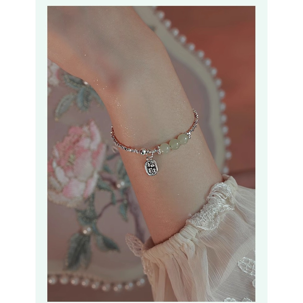Gelang Pesona Keberuntungan Fragmen Perak Jade Hetian Gaya Vintage untuk Wanita Gaya Baru Gelang Per
