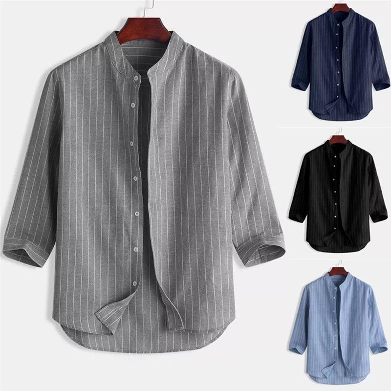 Kemeja linen pria Korea berdiri kerah cardigan longgar kasual bernapas kemeja rami pemuda