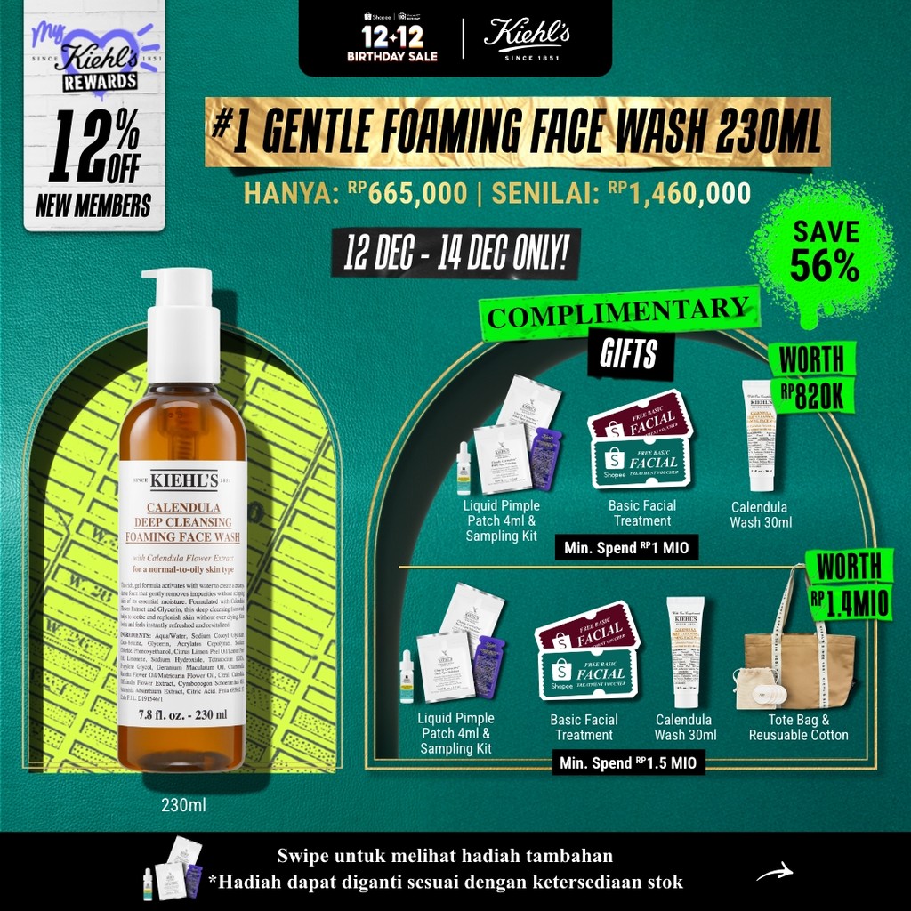 Kiehl's Calendula Deep Cleansing Foaming Face Wash 230ml - Calendula flower extract & Glycerin. Pemb