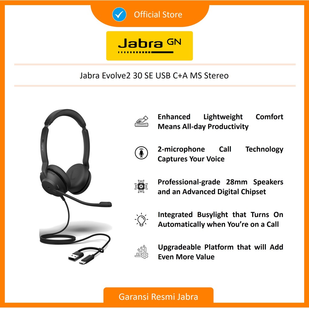Jabra Evolve2 30 SE USB C+A MS Stereo Headset (23189-999-779)
