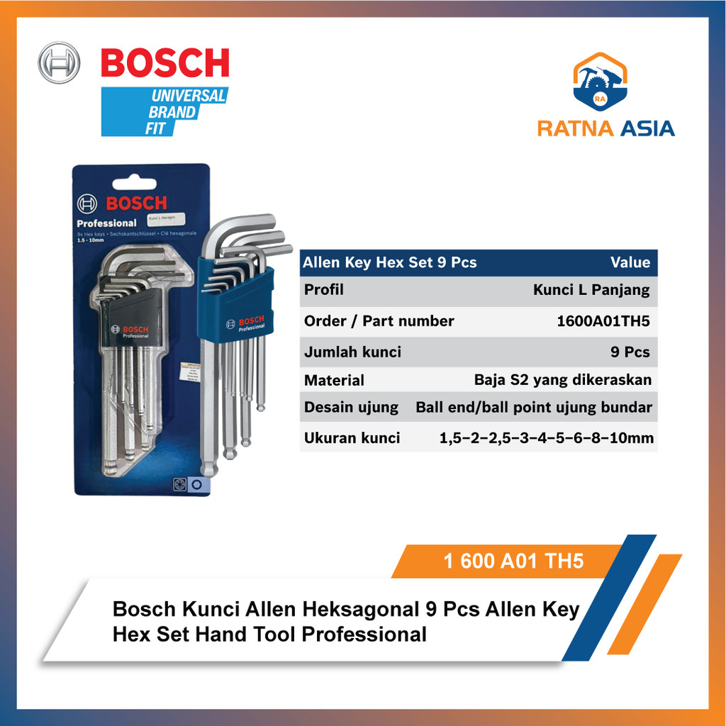 Bosch Kunci L Set Panjang 9 Pcs Allen Heksagonal Hand Tool Professional
