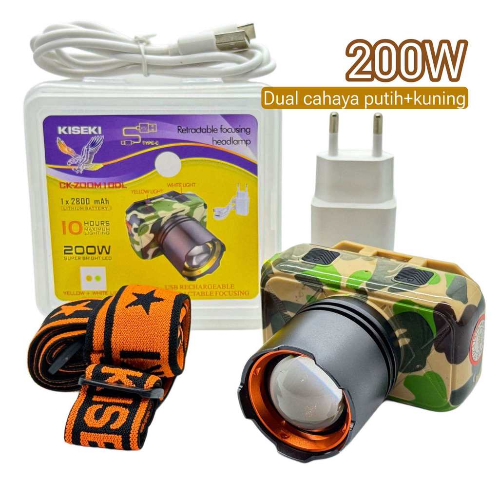 Senter Kepala Kiseki 200 watt CK-ZOOM10DL Dual warna cahaya Putih kuning Senter Zoom Led Laser Bater