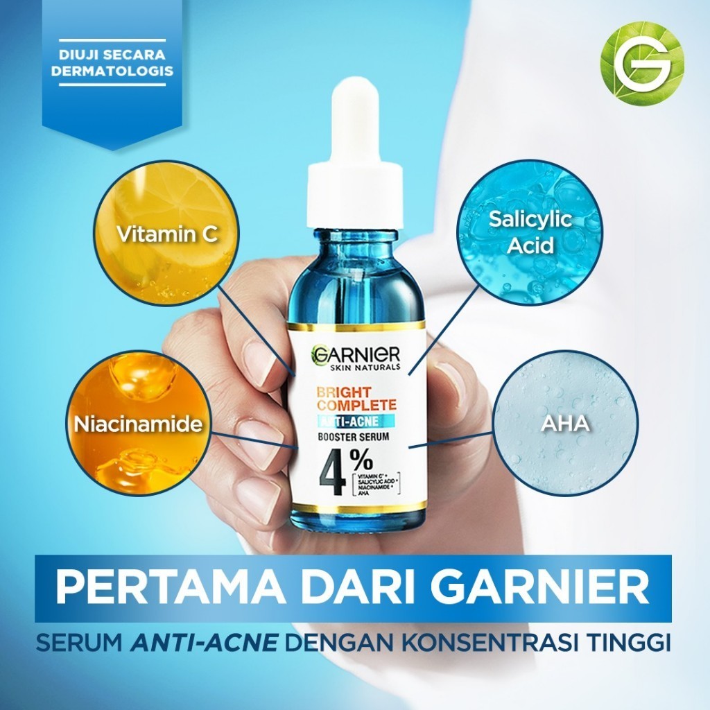 GARNIER BRIGHT COMPLETE ANTI ACNE BOOSTER SERUM 4% Vitamin C 30ml Serum Mencerahkan Dan Anti Jerawat