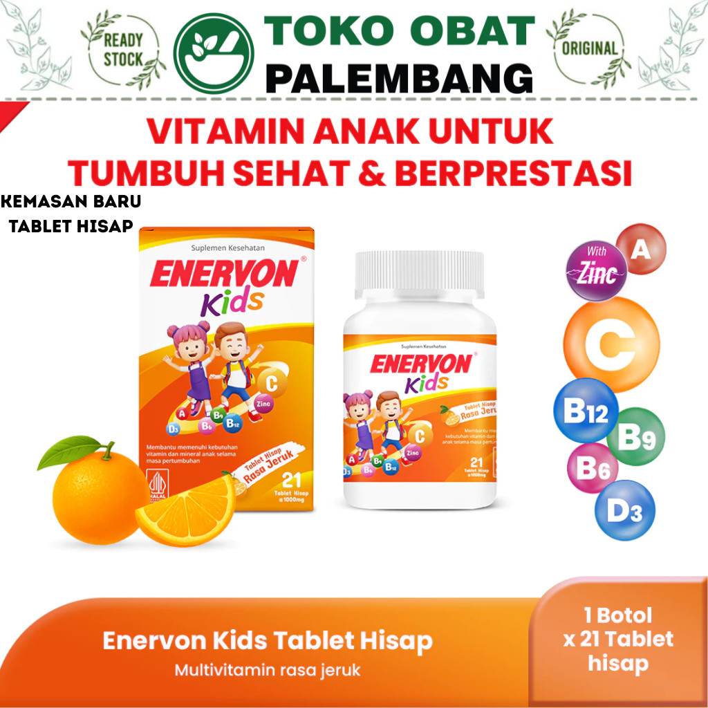 ENERVON KIDS TABLET HISAP RASA JERUK 21 TABLET MULTIVITAMIN ANAK VITAMIN C A B COMPLEX D3 PLUS ZINC 