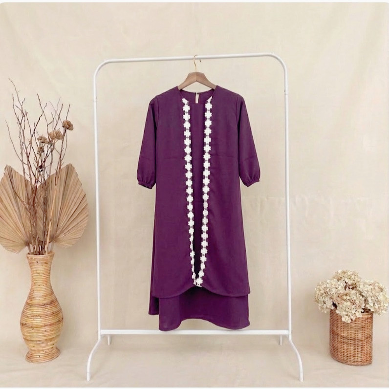 Luna kids Gamis Motif Bunga Putih Bordir, Gamis lengan panjang