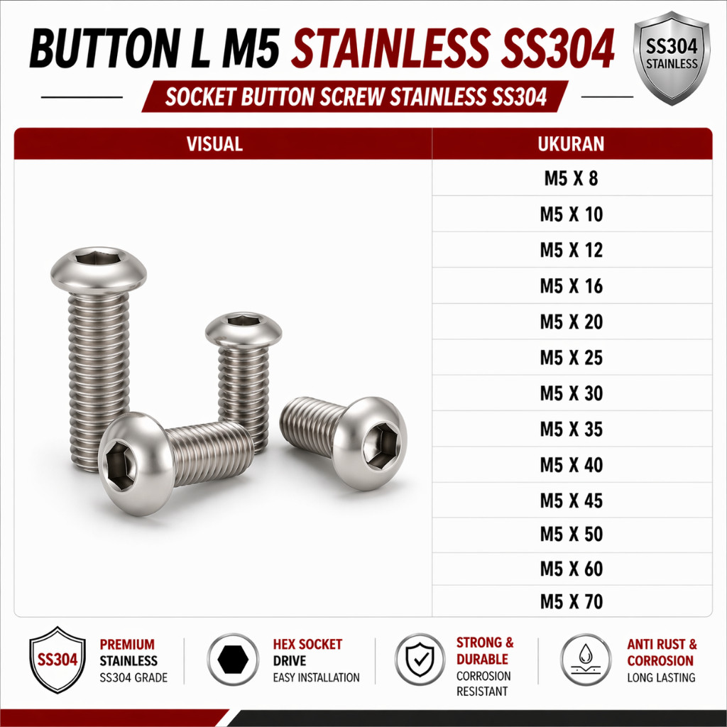 Button L M5X45 / Baut L Button 5X45 / M5 X 45 / 5 X 45 - Socket Button Screw Stainless SS304
