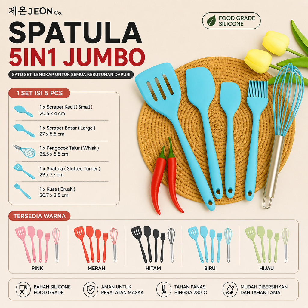 SPATULA SILIKON 5IN1 Set Alat Masak Sutil Kocokan Silicone Anti Lengket Tahan Panas Serbaguna JUMBO
