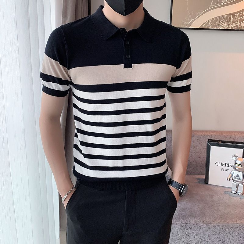 Kaos polo pria lengan pendek rajutan hitam putih bergaris