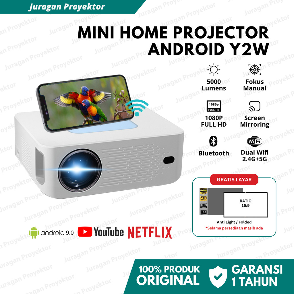 Smart Proyektor Y2W Android Wifi 5000 Lumens | Proyektor Android 4K Full HD | Proyektor 1080P | Proy