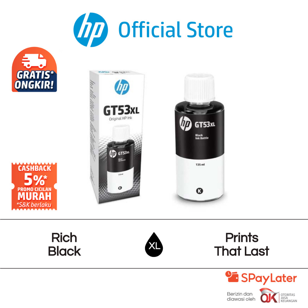 Tinta HP GT53XL 135-ml Black Original Ink Bottle Hitam Catridge Asli HP Smart Tank 350 series, HP Sm
