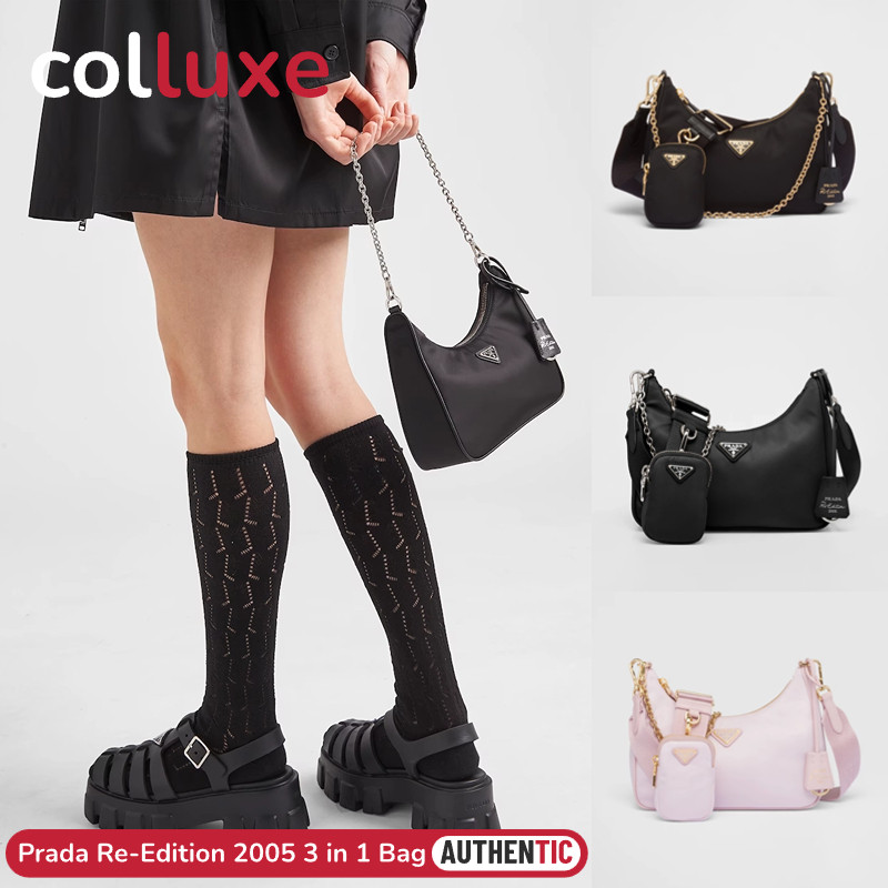 Tas Prada Re-Edition 2005 3 in 1 Tas Bahu Wanita dari Nilon Daur Ulang