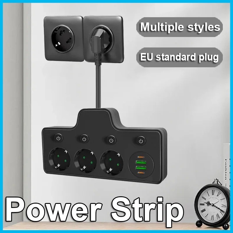 Stop Kontak Kabel 3–4  Lubang Soket EU 4 Port USB 2 USB A 2 USB Type C 2500W 10A Saklar Individu Plu