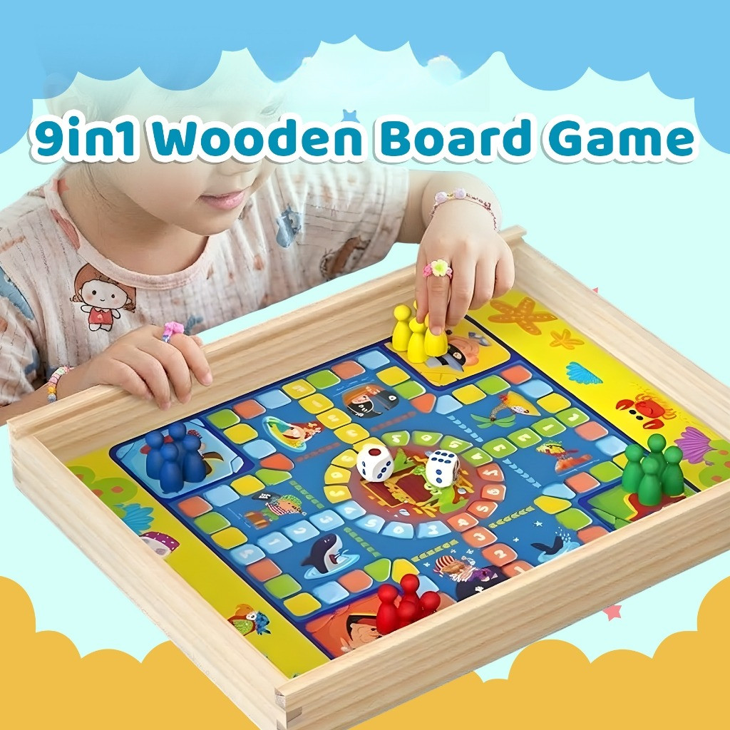9in1 Wooden Board Game | Permainan Dadu Ludo Catur Mainan Keluarga Populer Ular Tangga