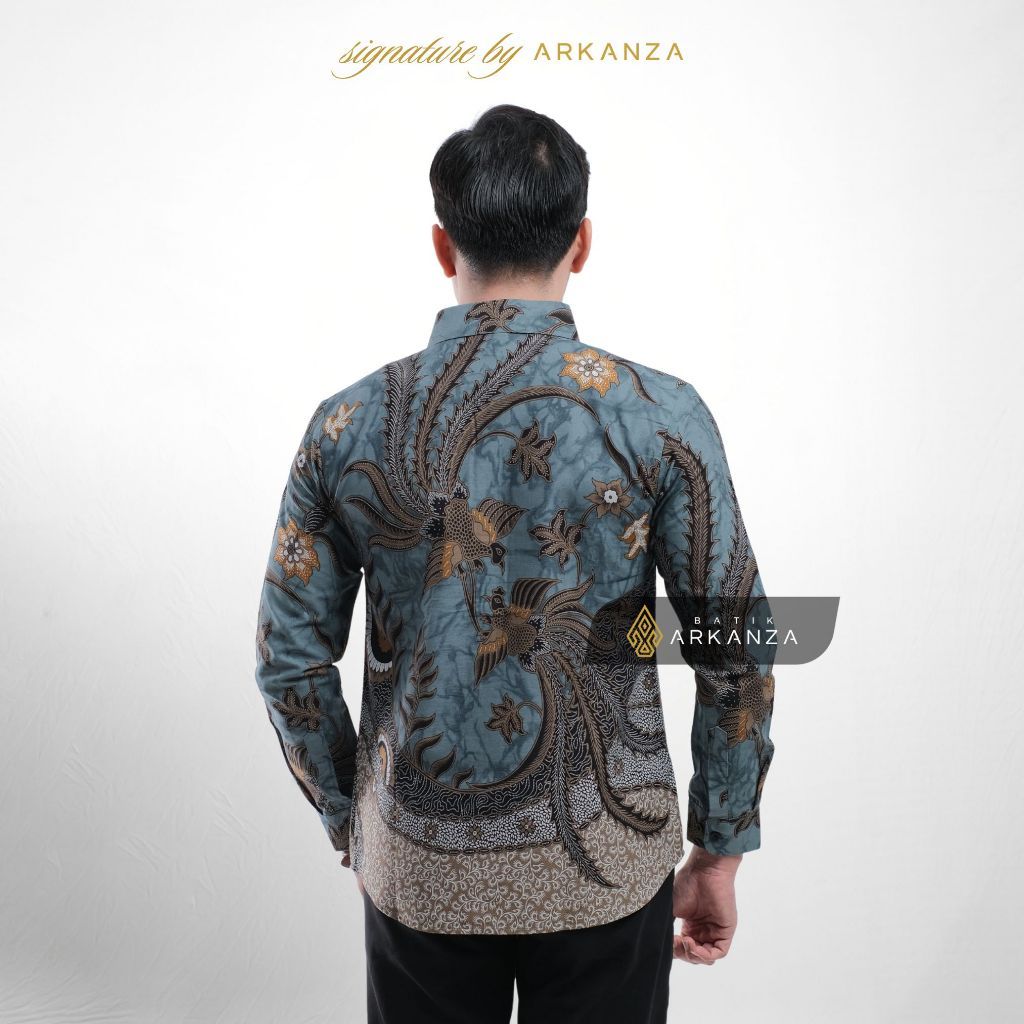 bestpromo arkanza signature motif manyura kemeja batik pria lengan panjang eksklusif curved hem