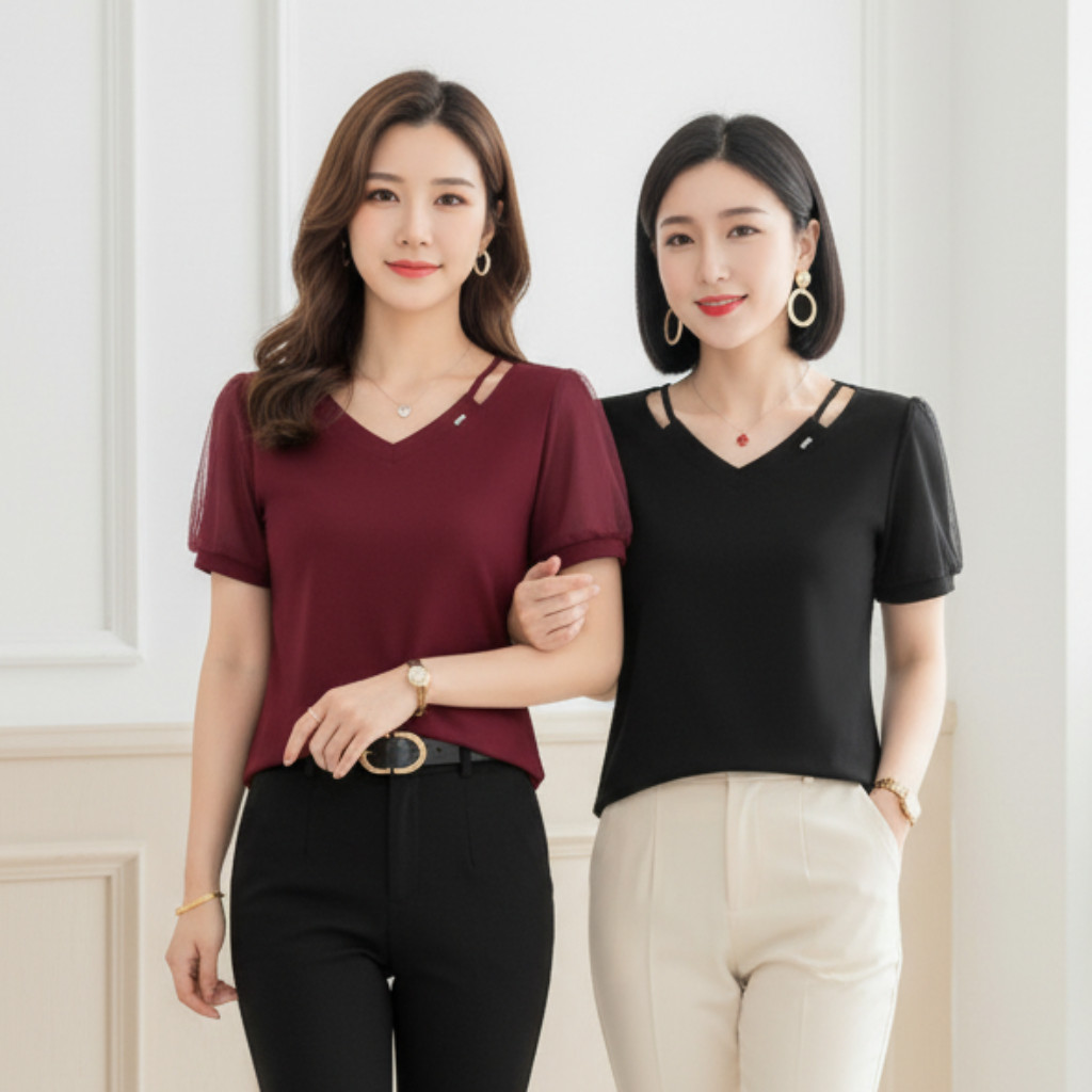 Blouse Cantik Wanita Lengan Balon IMPORT Bangkok bahan Kaos Stretch Kombi Tile Premium 2580 - 19