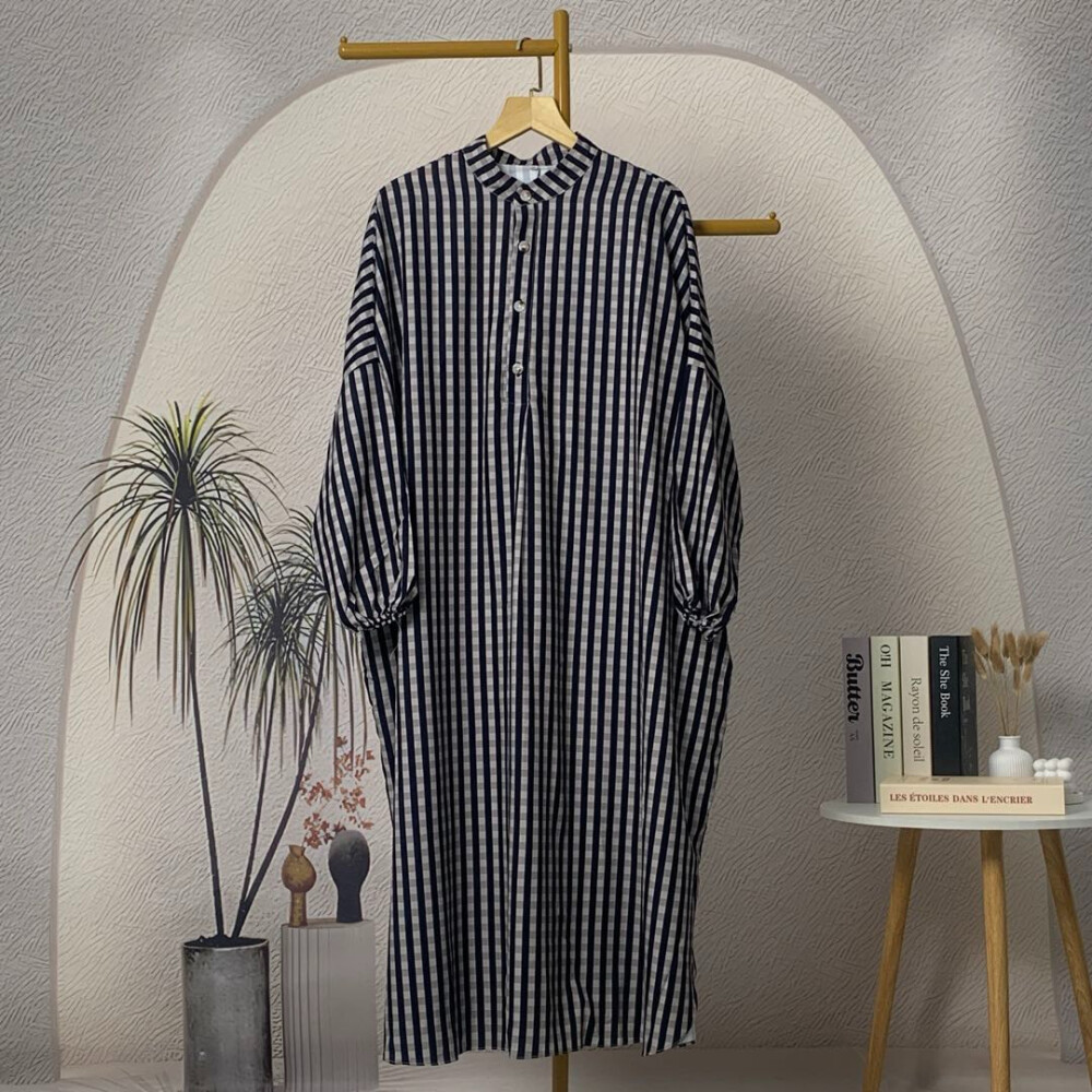 FADFAD |Gaun Panjang Longgar|Motif Garis Gelap|Kerah Tinggi|Lengan Balon|Warna Hitam Abu-abu|Gaya Ka