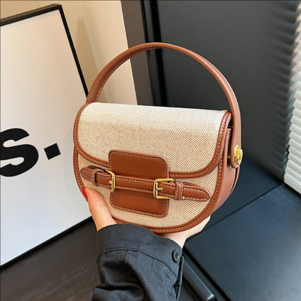 Tas selempang setengah lingkaran retro, gaya Korea, skema warna modis, desain unik, tas travel bahu/