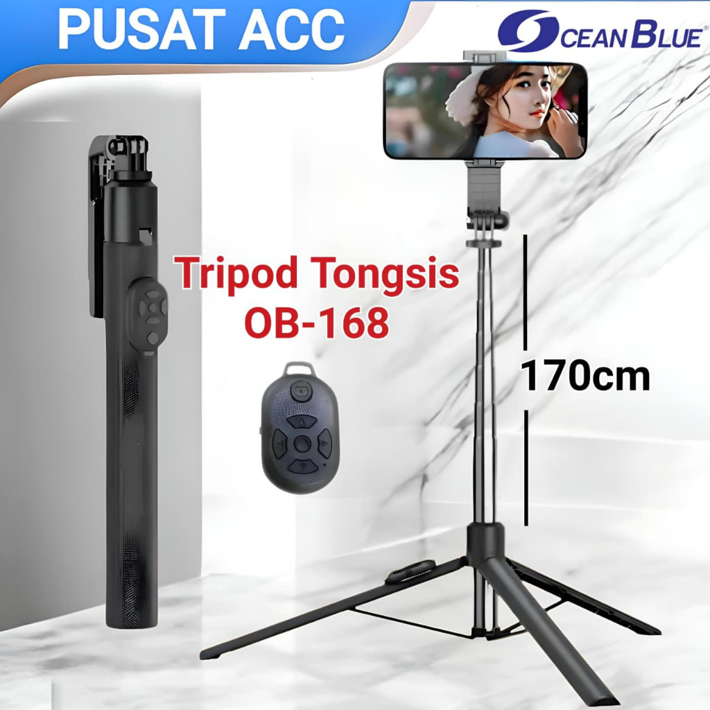 (Gajah_Duduk) Tripod Konten Kreator OCEANBLUE OB168 170cm Selfie Stick Hp Tongsis Remote Multifungsi