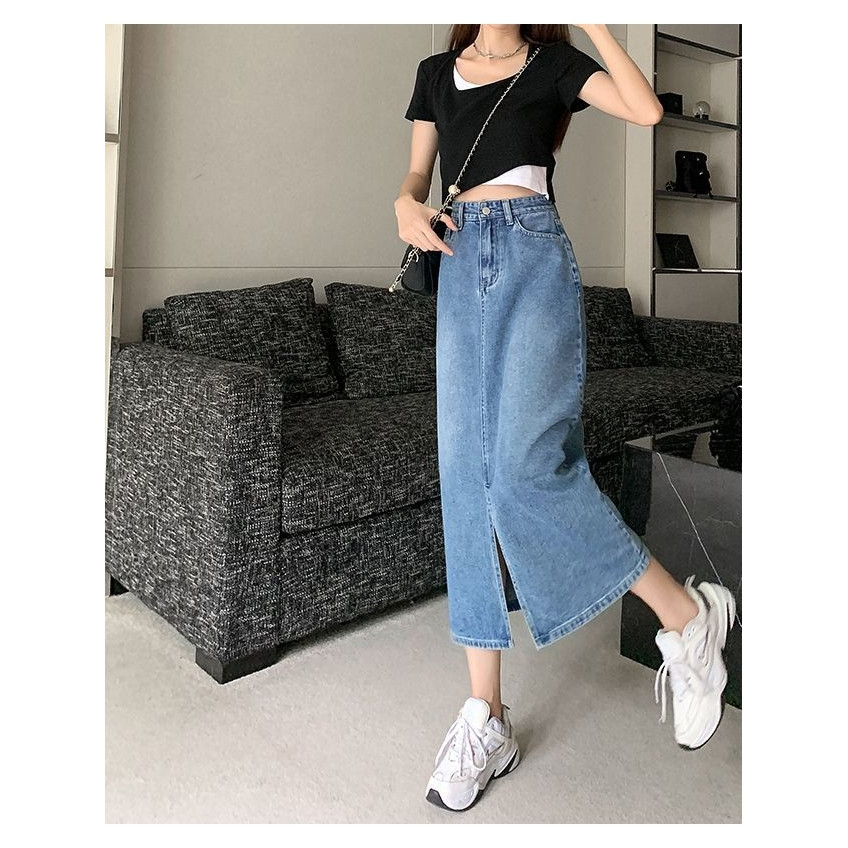 [Harga Terjangkau] Dust Rok denim wanita korea rok long skirt pembahagian depan