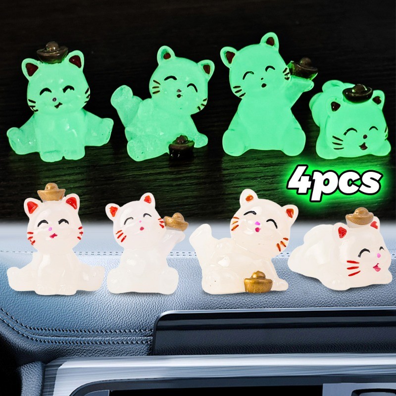 Luminous Lucky Cat Car Ornaments Auto Dashboard Cute Glowing Gold Ingot Maneki Neko Micro Landscape 