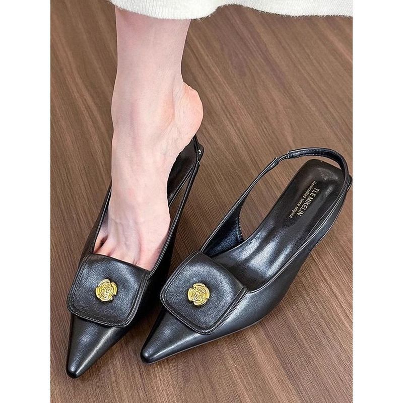 Sandal Wanita Gaya Chanel Camellia Ujung Runcing Tertutup dengan Hak Tipis dan Hak Rendah