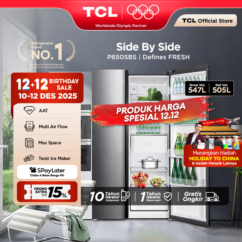 TCL Kulkas 2 Pintu Side by Side – Kapasitas 547L - Metal Gray - Inverter - Lemari Es - P650SBS