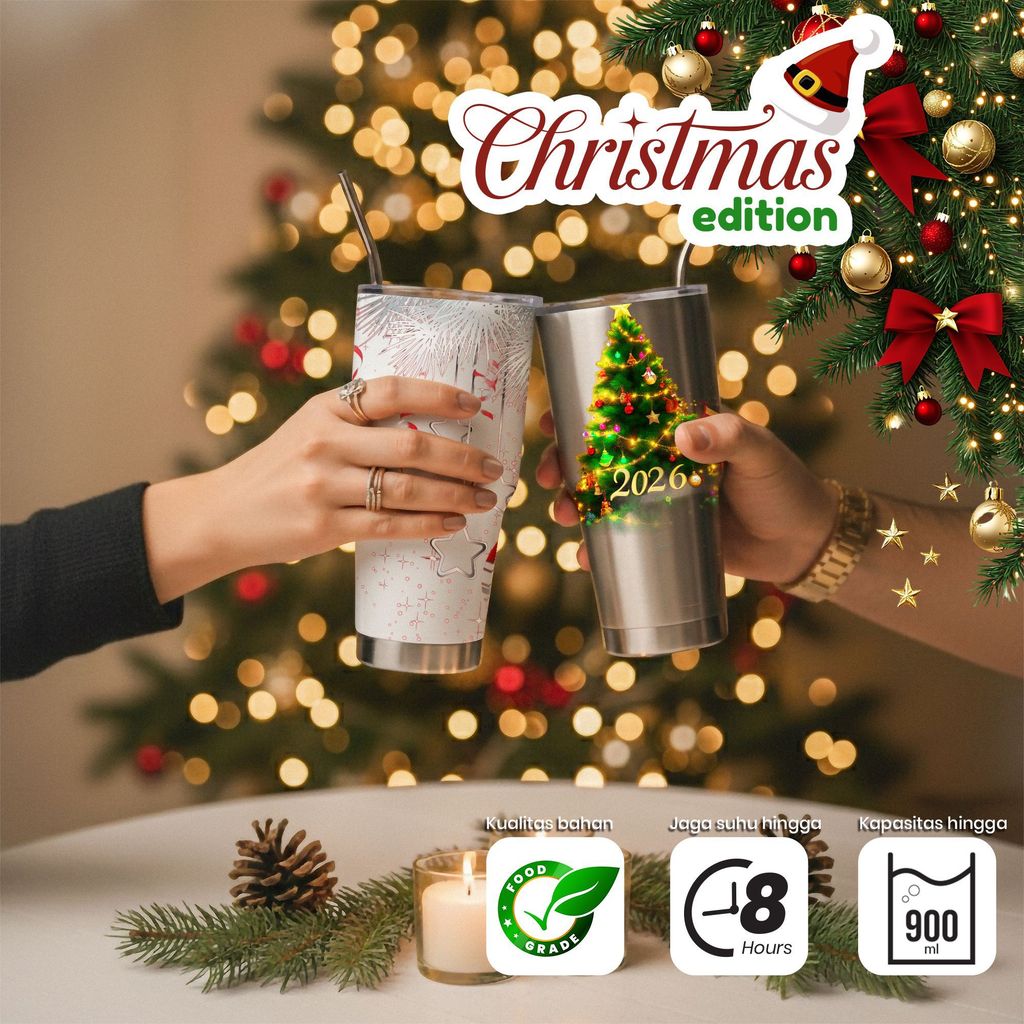 Tumbler Stainless Steel 304 Kapasitas 900ml Edisi Natal 2020 Desain Pohon Natal dan Bintang Not Musi