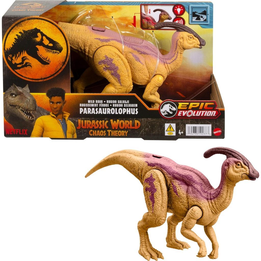 Mattel Jurassic World Wild Roar Dinosaur Action Figure, Parasaurolophus with Glowing Spine Reveal Li