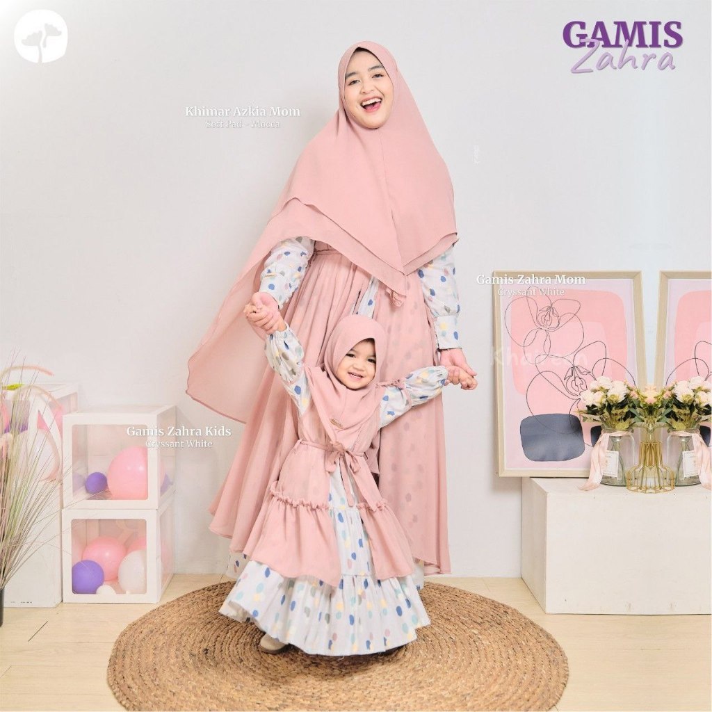 KHAIREEN Gamis Zahra Couple Mom and Kids / Gamis Anak Motif Polkadot / Gamis Sarimbit Couple Ibu dan