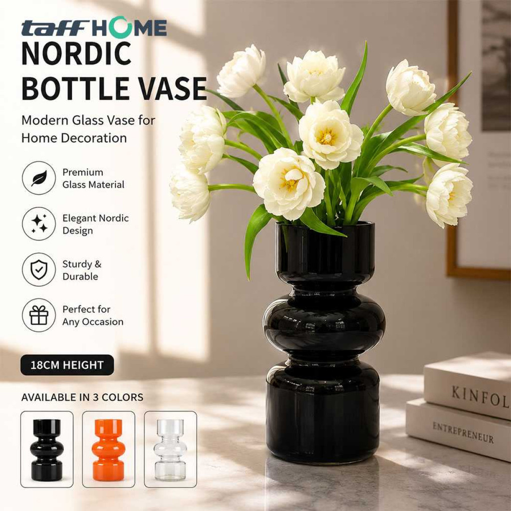 Vas Bunga Kaca Model Botol Nordic untuk Dekorasi Rumah Tinggi 18cm