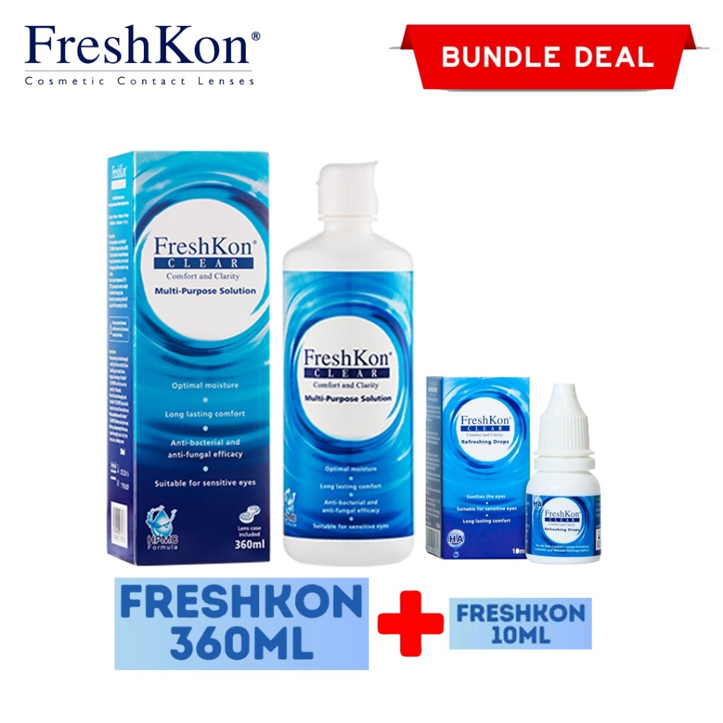 Kaluna|| Lensza | ( Paket Cairan ) FreshKon Clear Multi Purpsose Solution 360ml & Refreshing Drops 1