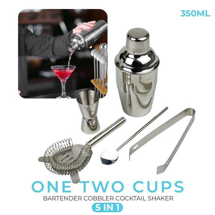 Set Cocktail Shaker 5in1 Stainless 350ml – Alat Bartender Lengkap dengan Strainer, Jigger, Ice Tong 