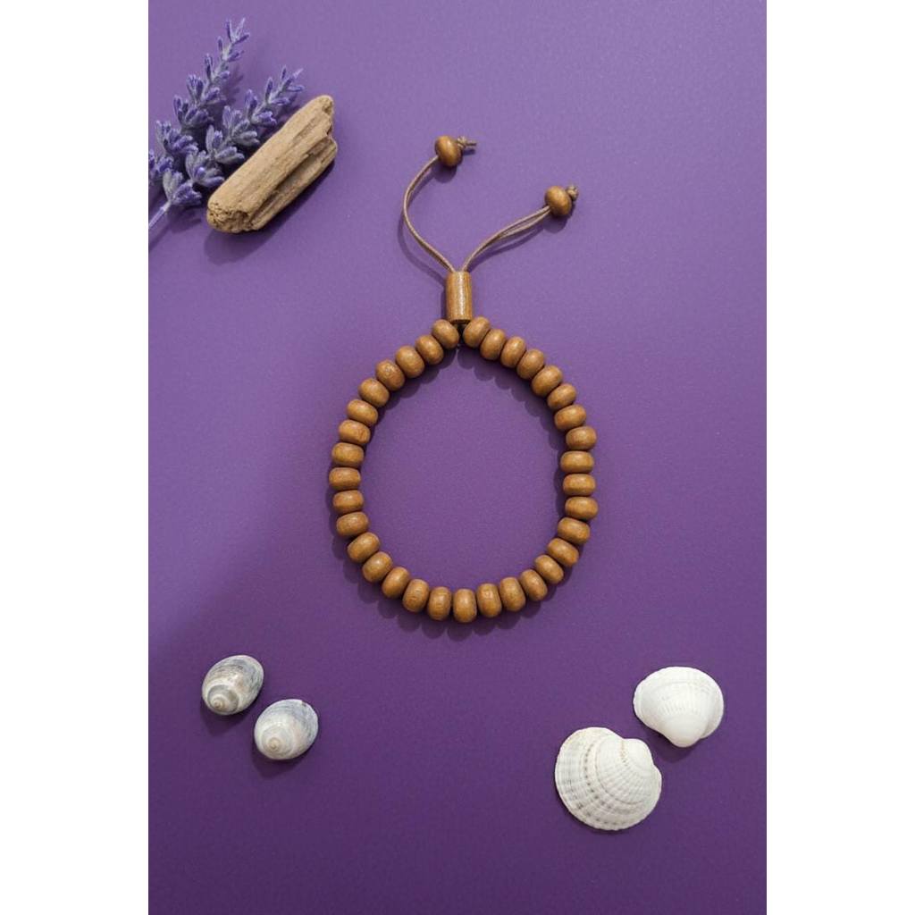 Gelang tasbih kayu dengan manik pipih atau berkontur yang dapat disesuaikan ukurannya PS