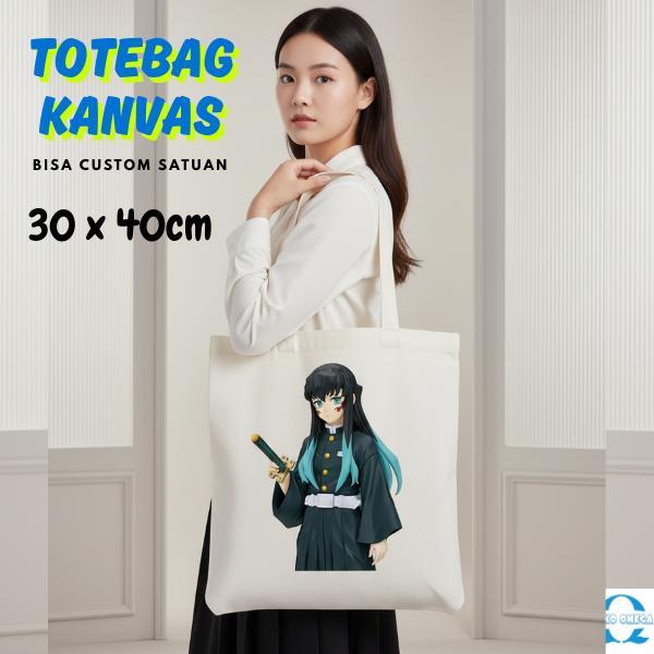 Totebag Kanvas Tebal Putih 30x40 Cm Resleting Bebas Custom Desain Anime, Logo, Fanart Tas Jinjing Go
