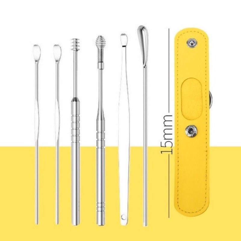 (Toserba 777) Set Alat Pembersih Telinga Stainless Korek Kuping Isi 6 Pouch Kulit / Alat Pembersih T