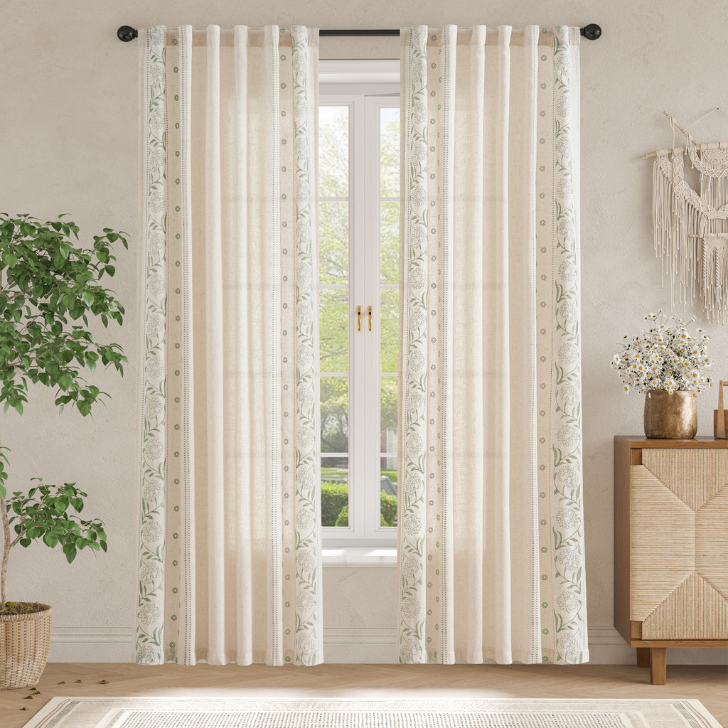 jinchan linen  Beige Boho Floral Embroidered Linen Rod Pocket Farmhouse Window Treatments 2 Panels f