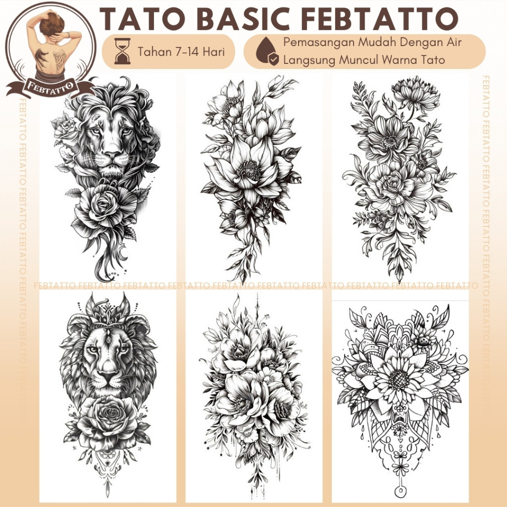 TERBARU Stiker Tato Temporer Tahan 1-2 Minggu 11x21cm Tatto Temporary Semi Permanent bunga singa ter