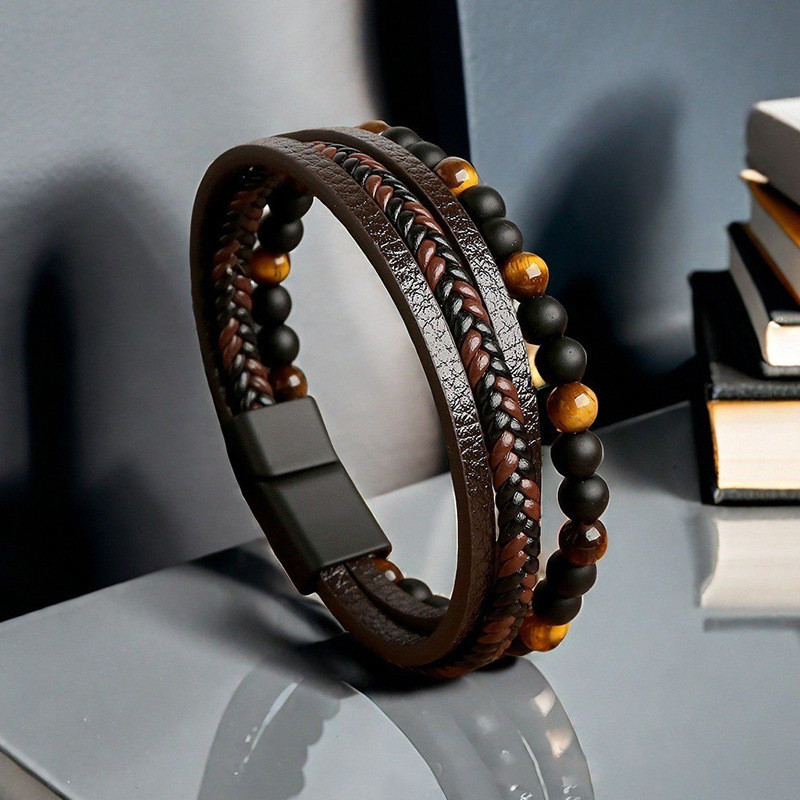 Gelang kulit anyaman tangan yang laris manis untuk pria, gelang batu mata harimau magnetik.